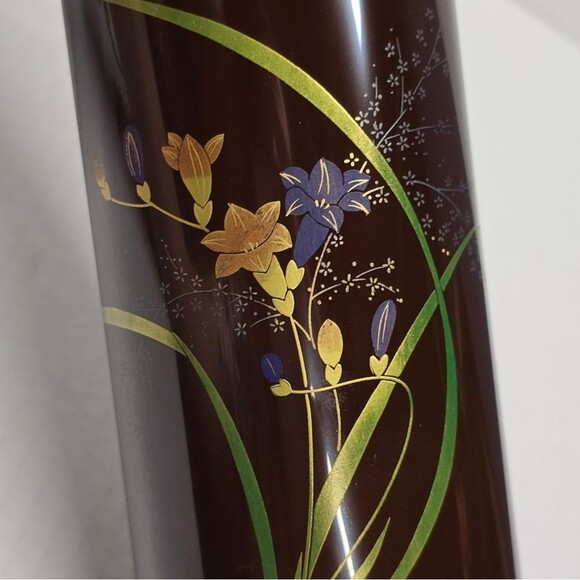 Japanese Wajima Brown Lacquer Bamboo Shaped Vase Floral Theme Vintage - Picture 2 of 8